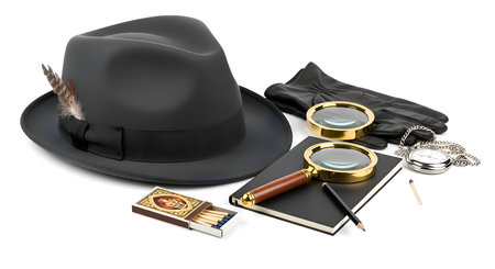A dark fedora hat and a detective tools set, isolated on clean backdropの素材