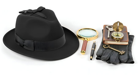 A dark fedora hat and a detective tools set, isolated on white backdropの素材