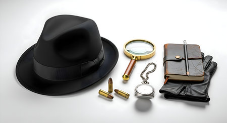 A dark fedora hat and a detective tools set, isolated on white surfaceの素材