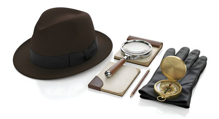 A dark fedora hat and a detective tools set, isolated on white backgroundの素材