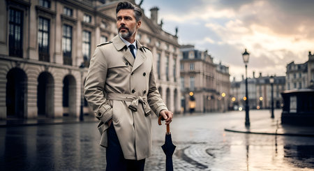 A man with classic trench coat on streetの素材