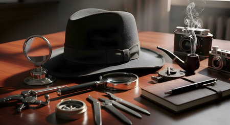 A dark fedora hat and a classic detective tools setの素材