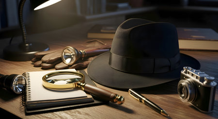 A vintage dark fedora hat and a detective tools setの素材