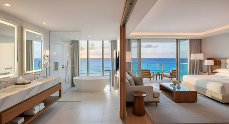 A centered suite with open bathroom and ocean viewの素材