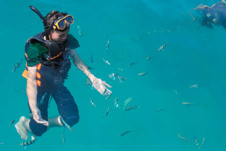 Use a floating kit to float on the sea front,beautiful ocean. Holiday, vacation, travel, diving, tourism with friends.の写真素材