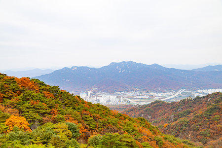 Beautiful autumn scenery of Korean mountains covered with colorful foliage overlooking a distant city and highway. The view shows a peaceful blend of nature and urban life during fall seasonの写真素材