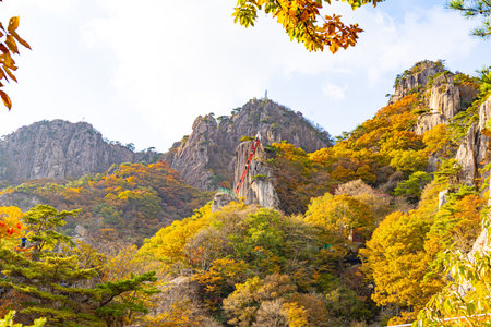 Scenic view of Daedunsan's rocky cliffs and bright fall foliage with a red staircase leading to the peakの写真素材