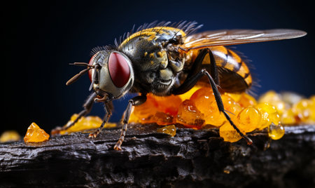 Extreme macro close up photograph of a fly on food, dark background, in the style of macro photography, generative aiの素材