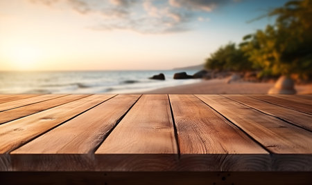 on the floor of a blank wooden table With a beautiful beach background, suitable for product or product display concepts. Space to add ideas, illustration, generative AIの素材