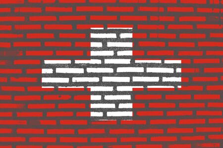 Flag of Switzerland, Switzerland banner on brick textureの写真素材
