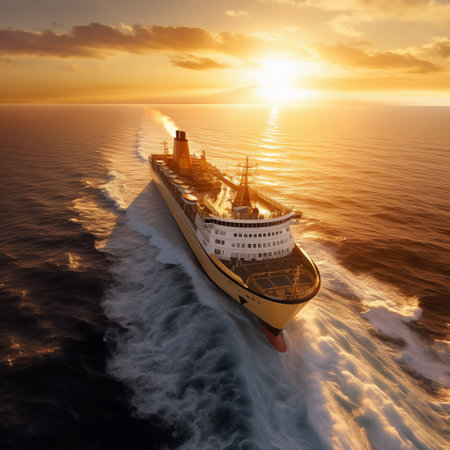 Twilight Voyage: A Dramatic Seascape with a Cruise Ship in the Background. AI Generated.の素材