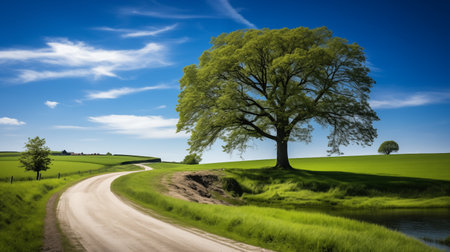 Midday Serenity: A Rural Road to the Majestic Old Tree in a Green Field. AI Generated.の素材