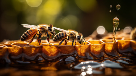 Buzzing Harmony: Bees Crafting Honeycomb with a Waterfall Backdrop. AI Generated.の素材