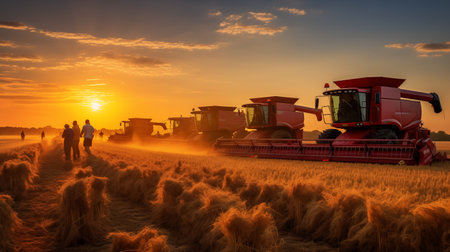 Combine harvester working on wheat field at sunset. Harvesting concept. AI Generated.の素材
