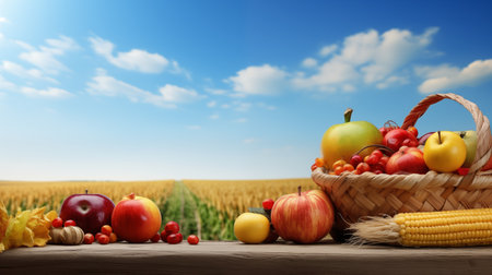 Fresh fruits and vegetables in a basket on wooden table with wheat field background. AI Generated.の素材