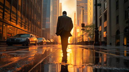 Golden Hour Hustle: Businessman Navigates Rainy Wall Street, Rim Light, Copy Space. AI Generated.の素材