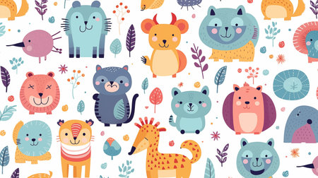 Adorable Critters: Colorful Cartoon Animal Background Design. AI Generated.の素材