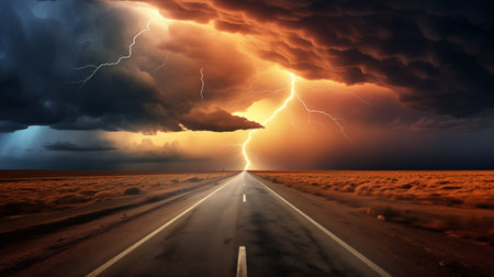 Daybreak Storm: Sunlit Desert Landscape with Midday Lightning Show. AI Generated.の素材