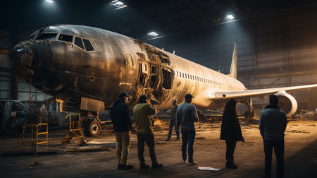 Aviation Investigation: Experts Examine Airplane Reconstruction. AI Generted.の素材