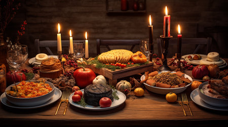 Festive Fare on Wood Table: Thanksgiving Celebration. AI Generated.の素材