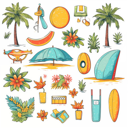 Sunny Delights: Whimsical Summer Icons on White. AI Generated.の素材