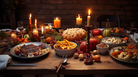Festive Thanksgiving Ambiance: Illuminated Wooden Table. AI Generated.の素材