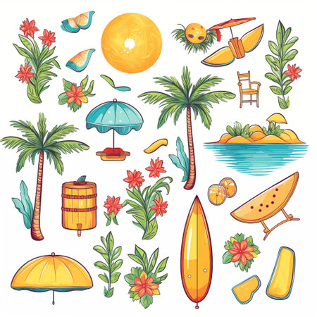 Tropical Tidings: White Background Summer Clipart. AI Generated.の素材