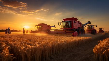 Harvest Horizon: Machines Malt Barley in a Picturesque Landscape. AI Generated.の素材