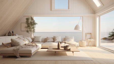 Ray Tracing Elegance: White-Furnished Living Room with Wooden. AI Generated.の素材