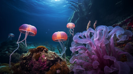Enchanting Underwater World: Vibrant Coral and Graceful Jellyfish. AI Generated.の素材