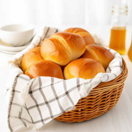 Basketful of Delight: Golden Brown Dinner Rolls on White Wood. AI Generated.の素材