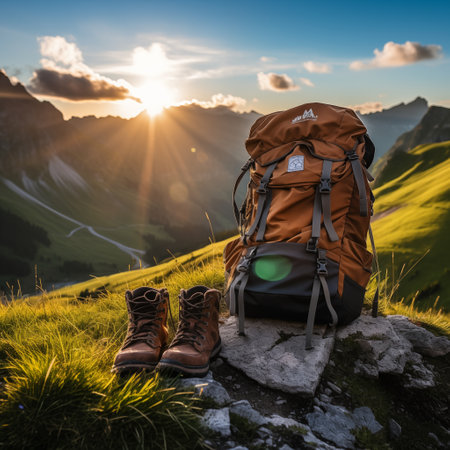 Outdoor Adventure: Hiking Essentials at Sunrise. AI Generated.の素材