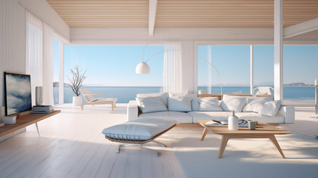 Ray Tracing Elegance: Coastal Living Room with White Furniture. AI Generated.の素材