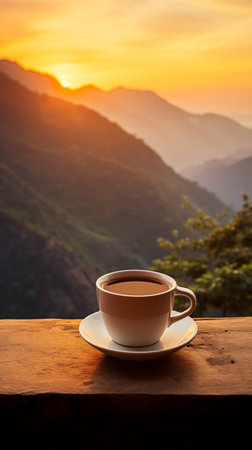Coffee Bliss: Aromatic Cup with Mountain Backdrop. AI Generated.の素材