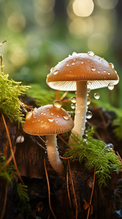 Morning Dew Delight: Real Photo of Portobello Mushrooms. AI Generated.の素材