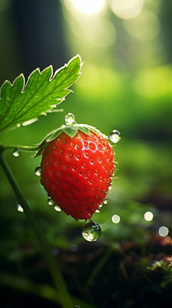 Morning Elegance: Strawberry Dew Drop in Enchanting Forest. AI Generated.の素材