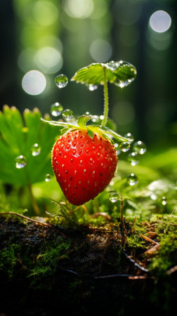"Nature's Jewels: Dew-Kissed Strawberry in Morning Light. AI Generated.の素材