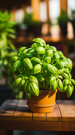 Patio Herb Haven: A Close-up of Vibrant Fresh Basil Leaves in the City. AI Generated.の素材