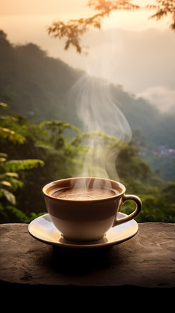 Morning Brew: Steaming Cup of Coffee in Mountain Light. AI Generated.の素材