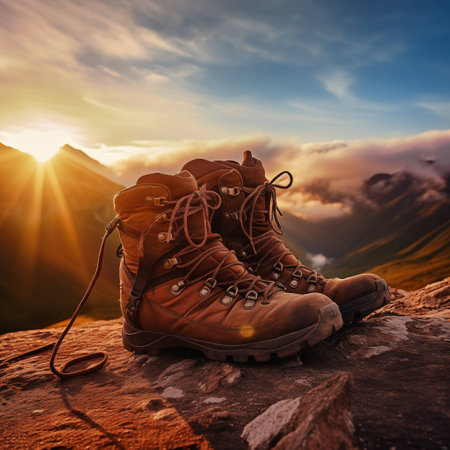 Nature's Call: Hiking Essentials at Sunrise. AI Generated.の素材