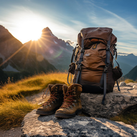 Footsteps of Dawn: Backpacking Essentials at Sunrise. AI Generated.の素材