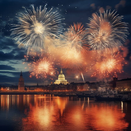 Bright Lights, Big City: Ringing in the New Year with Urban Fireworks. AI Generated.の素材