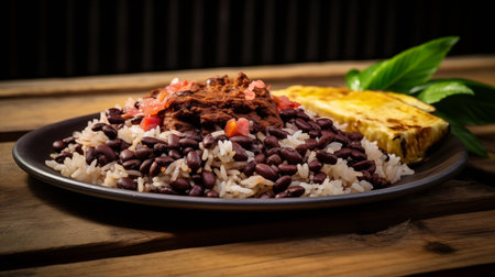 Nicaraguan Gastronomy Showcase: Gallo Pinto and Plantain Delight. AI Generated.の素材