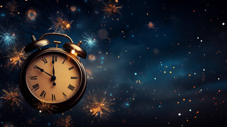 New Year Countdown: Clock Striking Twelve with Golden Fireworks. AI Generated.の素材