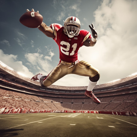 Gridiron Glory: Real Photo of an American Football Player Making the Jump to the End Zone. AI Generated.の素材