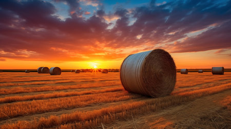 Farm Field at Dusk with Straw Bales. AI Generated.の素材
