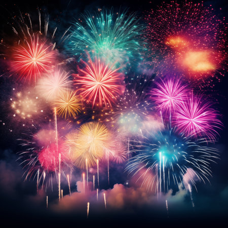 Dazzling and colorful fireworks create a spectacular isolated scene. AI Generated.の素材