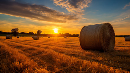 Sunrise Symphony in the Straw Fields. AI Generatedの素材