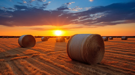 Harvest Time: Straw Bales in the Evening Light. AI Generated.の素材
