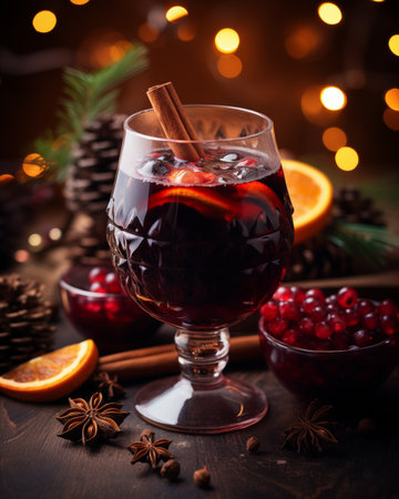 "Festive Cheer: Red Wine Infused with Cinnamon and Dried Fruits in Elegant Maroon and Gray Tones. AI Generated.の素材